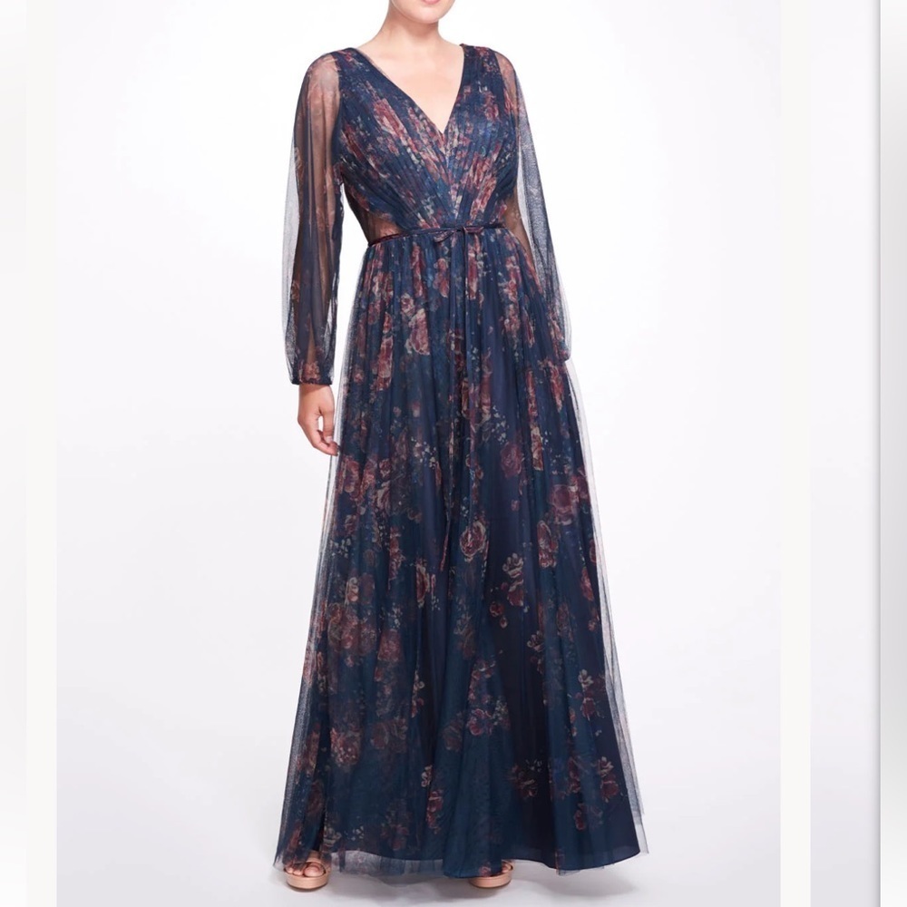 Marchesa Notte Purple Floral Tulle Gown with Sheer Long Sleeves sz 6
